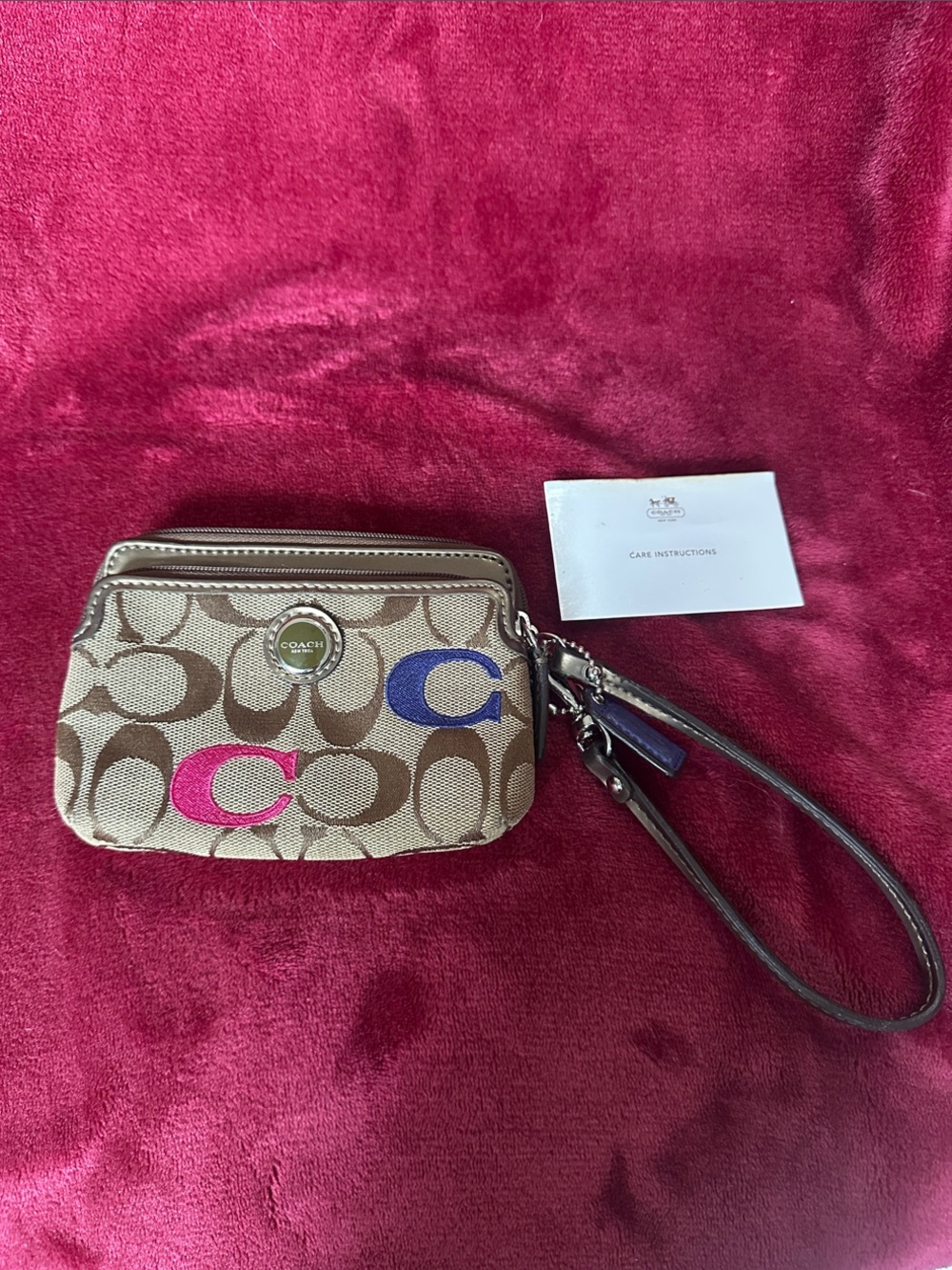 Coach Brown Signature Wristlet with Pink & Blue Accents